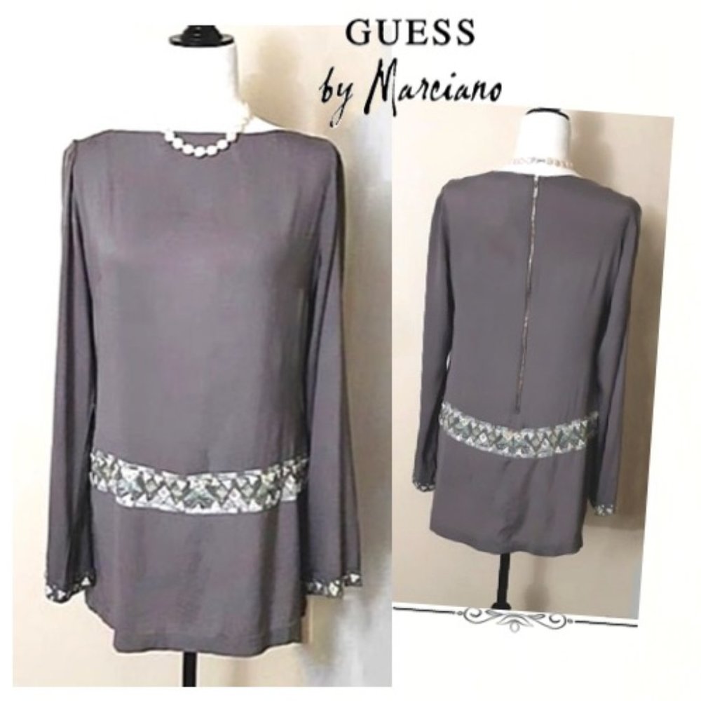 GUESS by MARCIANO Silk Blend Dress Embroidered MOP Sequin Button Grey Tu…